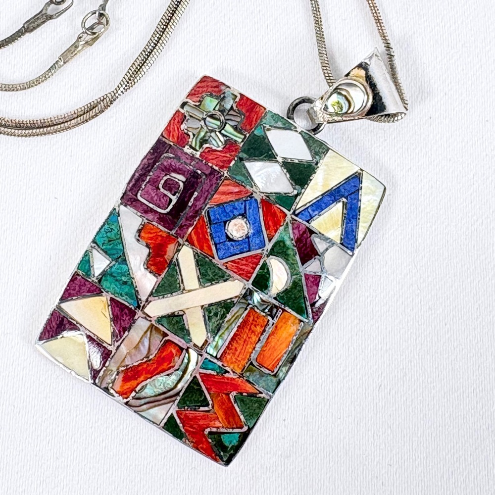 Peruvian Artisan Necklace 950 Silver Multicolor Stone Shell Inlay Mosaic Pendant